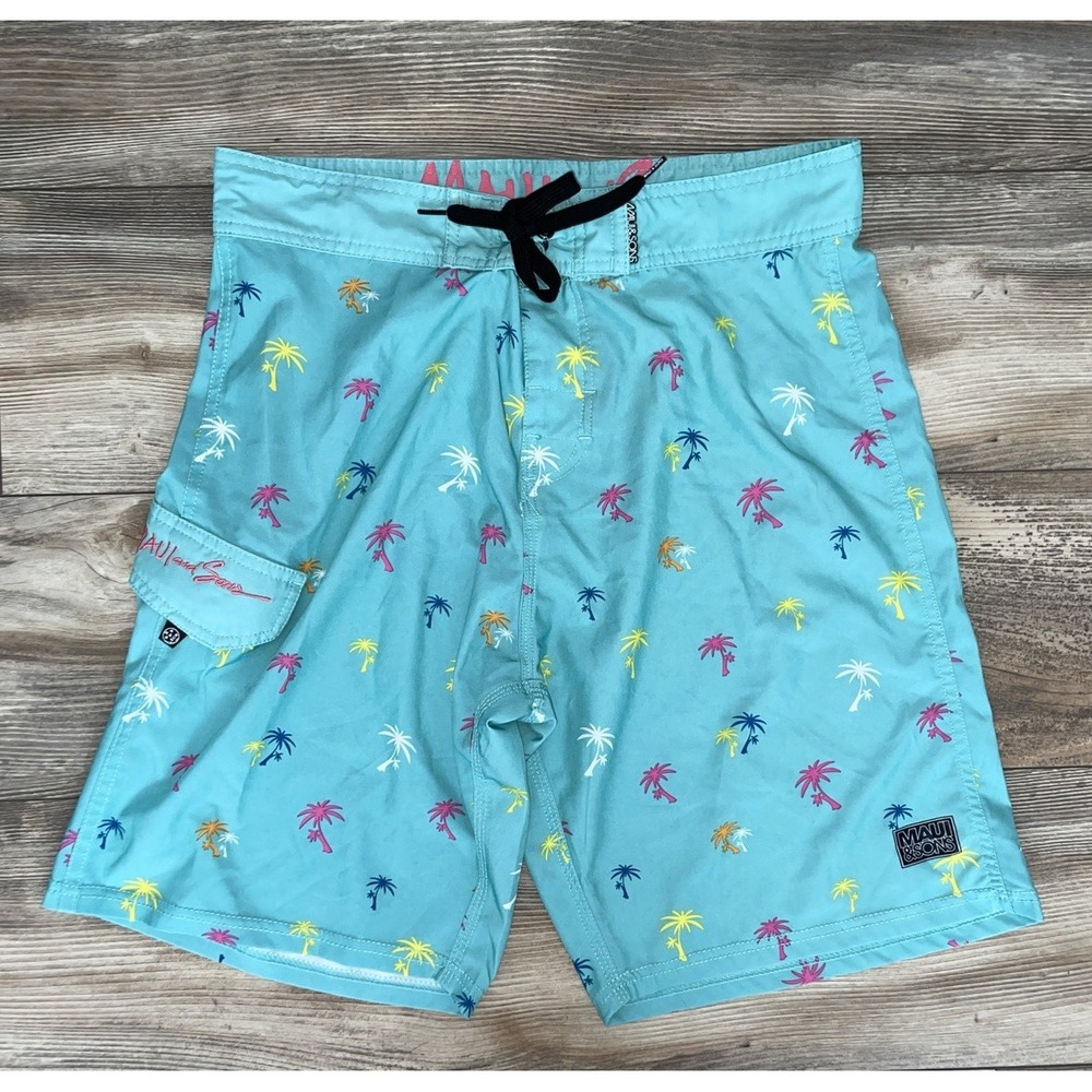Maui and Sons Mens Board Shorts 32 Teal Palm Tree Retro 80s 90s Surf Swim Trunks